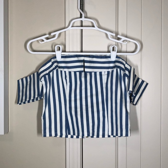 blue and white pin striped off shoulder crop top - Picture 1 of 1